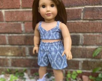 Blaues Jeans-Crop-Top und Paperbag-Shorts, passendes Set für 18-Zoll-Puppen, passend für American Girl Doll