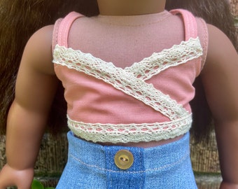 Pink Wrap Cropped Tank Top Shirt with Cream Lace for 18 Inch Dolls fits American Girl Dolls