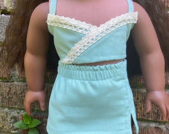 Blue Wrap Crop Top Tank Top with Cream Lace and Mini Skirt Matching Set for 18 Inch Dolls fits American Girl Doll
