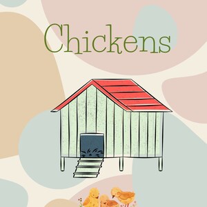May include: A green and red chicken coop with a small wooden ramp and three yellow chicks in front of it. The coop is on a background of pastel colored abstract shapes.