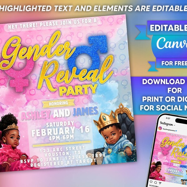 Gender Reveal Invitation,  Baby Shower Invite, Black Baby Princess, Prince, King, Queen Theme, Instagram Size Editable in Canva Template