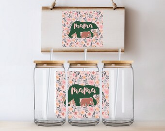 16oz Glass Sipper Cup Mama Bear Design, Water Glass, w/Lid & Straw, Iced Coffee Cup, Mother's Day, Beer Can Glass, Mama Bear, Mom Gift
