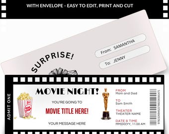 Printable Movie Gift Ticket with Envelope, Printable Cinema Ticket, Movie Ticket, Birthday Gift, Kids Movie Ticket, DIY Gift Ticket