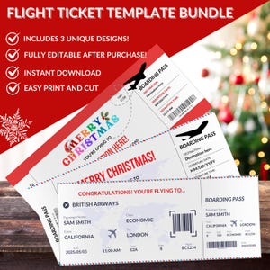 Conjunto de 3 modelos de bilhetes de avião, cartão de embarque, bilhete de viagem editável, bilhetes de viagem DIY, voo surpresa, ideia de presente de Natal