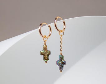 Asymmetric Pearl Cross Hoop Earrings: Mismatched Dangle Jewelry