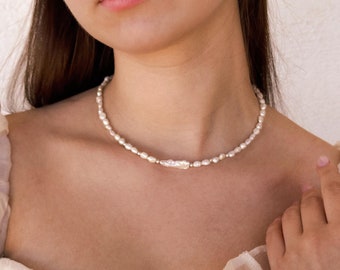 Freshwater pearl choker with long baroque pearl, Biwa pearl necklace, Baroque pearl choker, Wedding pearl choker, Bridesmaid Gift
