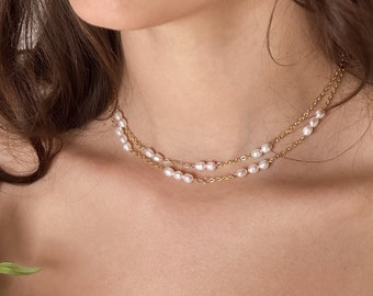 Dainty pearl layered necklace, Double layering peral necklace, Pearl chain necklace, Bridesmaid jewelry, Wedding Necklace, Bridesmaid gift