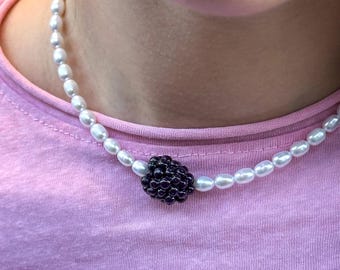 Blackberry Freshwater Pearl Necklace, Berry Choker, Fruit Jewelry