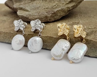 Large baroque pearl earrings, Round and rectangular baroque pearl drop earrings, Irregular pearl earrings, Wedding jewelry, Anniversary gift