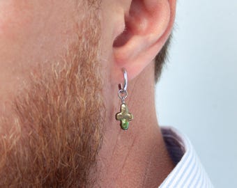 Mens Single Green Baroque Pearl Cross Earring: Huggie Hoop