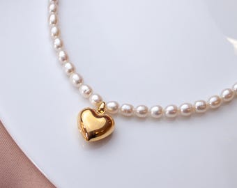 Freshwater pearl necklace with puffy heart pendant, Bubble heart choker, Y2K gift for her