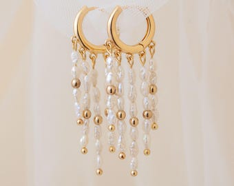 Freshwater Pearl Tassel Earrings, Long Fringe, 18K Gold Plated Huggie Hoops