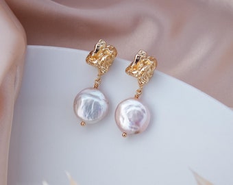 Baroque pearl drop earrings, Irregular baroque pearl earrings, Coin baroque pearl earrings, Dainty pearl Jewelry, Bridesmaid Gift for Her