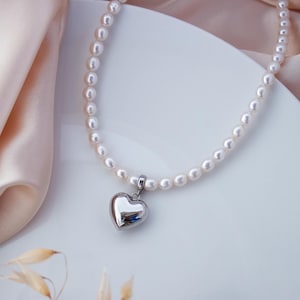 Süßwasser-Zuchtperlen Choker mit Herzanhänger, Silberne Herz-Halskette, Geburtstagsgeschenk
