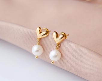 Heart Pearl Drop Earrings, Dainty Stud Earrings, 18K Gold Plated, Minimalist Wedding Jewelry, Bridesmaid Gift