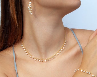 Dainty cluster pearl jewelry set – Tassel pearl earrings, Freshwater pearl necklace, Elegant bracelet, Wedding jewelry set, Anniversary gift