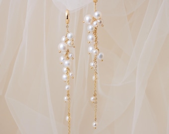 Freshwater Pearl Cascade Earrings, Long 18K Gold Plated Pearl Clusters, Bridal Gift For Her