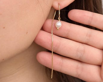 Minimalist Pearl Threader Earrings, 925 Sterling Silver Chain, Natural Freshwater Pearl, Bridal Drop Jewellery, Christmas Gift