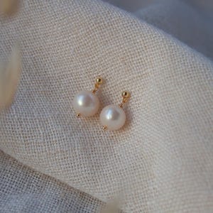 May include: A pair of gold stud earrings with white pearl accents.