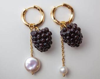 Realistic Blackberry Earrings, Mismatched Freshwater Pearl Drop Earrings, Berry Jewelry