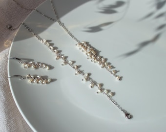 Elegant Pearl Jewelry Set – Long Lariat Necklace, Tassel Pearl Earrings, Cluster Pearl Bracelet, Bridal Jewelry Set, Bridesmaid Gift