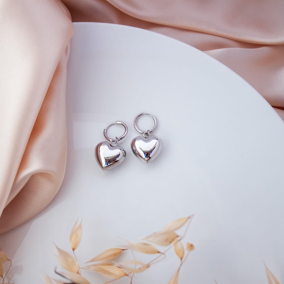 Silver puffy heart earrings, Chrome hearts earrings, Bubble heart earrings, Hoop earrings, Dangle heart earrings, Birthday Gift for Her