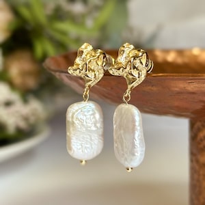 Irregular baroque pearl earrings, Large pearl earrings, Baroque pearl earrings, Modern pearl jewelry, Wedding earrings, Bridesmaid Gift