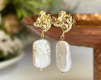 Irregular baroque pearl earrings, Large pearl earrings, Baroque pearl earrings, Modern pearl jewelry, Wedding earrings, Bridesmaid Gift