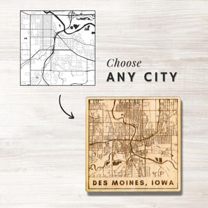Custom City Map Coaster, 1/4" Wood Laser Cutting & Engraving, Any Town or City Street Map, Coaster Set with Corking Backing