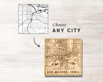 Custom City Map Coaster, 1/4" Wood Laser Cutting & Engraving, Any Town or City Street Map, Coaster Set with Corking Backing