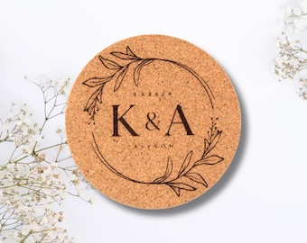 Custom Bulk Initials Wedding Cork Coasters Set, Favors for Guests, Personalized Engraved Coaster, Modern Bridal Shower Gift