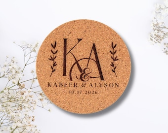 Custom Bulk Initials & Date Wedding Cork Coasters Set, Favors for Guests, Personalized Engraved Coaster, Modern Bridal Shower Gift