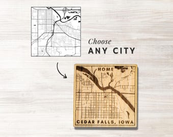 Custom HOME City Map Coaster, 1/4" Wood Laser Cutting & Engraving, Any Town or City Street Map, Coaster Set with Corking Backing