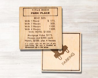Monopoly Tile Wood Coasters – Laser Engraved Baltic Birch Coasters with Cork Backing, Custom Property Cards, Game Night Decor, Gift Set