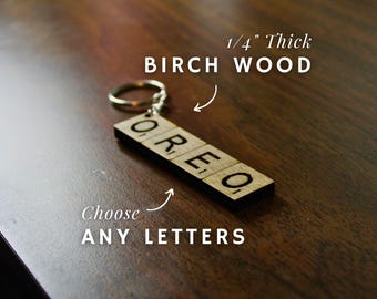 Custom Scrabble Tile Keychain, Personalized Birch Game Tile, Handcrafted Letters, Board Game Inspired, Laser Cut and Etched