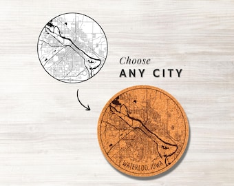 Custom City Map Coaster, 1/4" Cork Laser Cutting & Engraving, Any Town or City Street Map, Coaster Set Corking