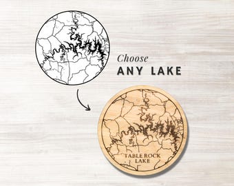 Custom Lake Map Coaster, 1/4" Wood Laser Cutting Engraving, Any Lake, River, or Other Bodies of Water Map, Coaster Set with Cork Backing