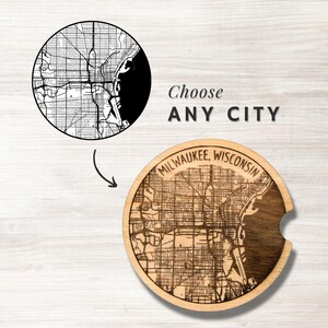 Custom City Map Coasters for Cars, 1/4" Wood Laser Cutting & Engraving, Any Town/City Street Map, Coaster Set with Cork Backing [2 Pack]