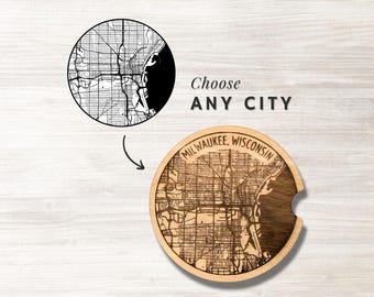 Custom City Map Coasters for Cars, 1/4" Wood Laser Cutting & Engraving, Any Town/City Street Map, Coaster Set with Cork Backing [2 Pack]