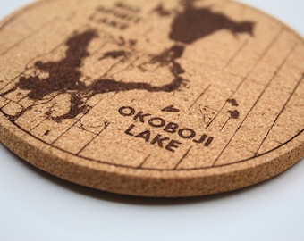 Custom Lake Map Coaster Set, 1/4" Cork Laser Cutting Engraving, Any Pond, River, or Other Bodies of Water