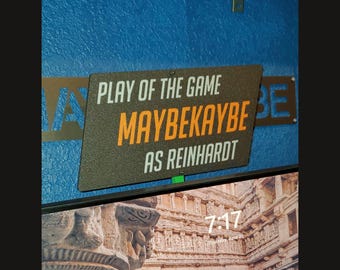 Overwatch "Play of the Game" Personalized VESA Mount Sign | Custom Gamertag & Hero | 3D Printed Gaming Room Decor