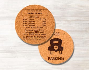 Monopoly Tile Cork Coasters – Laser Engraved Board Game Coasters, Custom Property Cards, Park Place, Game Night Decor, Housewarming Gift Set