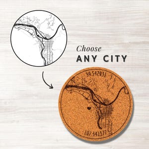 Custom Coordinates City Map Coaster, 1/4" Cork Laser Cutting & Engraving, Any Town Street Map, Coaster Set Corking