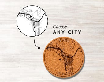 Custom Coordinates City Map Coaster, 1/4" Cork Laser Cutting & Engraving, Any Town Street Map, Coaster Set Corking