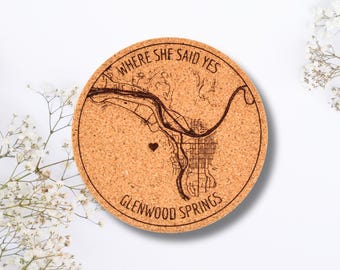 Custom Bulk "Where She Said Yes" Wedding Cork Coasters Set, Favors for Guests, Personalized Engraved Coaster, Modern Bridal Shower Gift