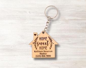 Personalized Realtor Keychain, Laser Engraved Wood House Keychain, Home Sweet Home Real Estate Agent Gift, Custom Name & Phone Number