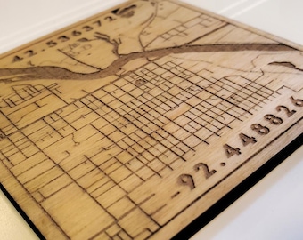 Custom City Map Coaster with Coordinates, 1/4" Wood Laser Cutting Engraving, Any Town or City Street Map, Coaster Set with Cork Backing