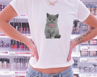 Cute Cat Baby Tee Y2k, Cat/kitten Coquette Baby Tee, 90s Baby Tee,  Kitten Tee Shirt, Gift for Cat Lover, Pink bow Baby Tee Shirt