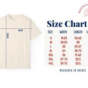 May include: Cream-coloured t-shirt with a size chart, displaying measurements in inches. The chart lists sizes S to 4XL, with corresponding width, length, and sleeve measurements. A logo with a cartoon dinosaur holding a mug is in the upper right corner.