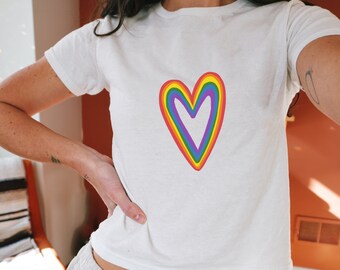 Rainbow Heart Pride Baby Tee Y2K Baby Tee Clowncore Baby Tee lgbt Queer Shirt Bisexual Pride Crop Pansexual Baby Tee LGBT Spread Love Shirt